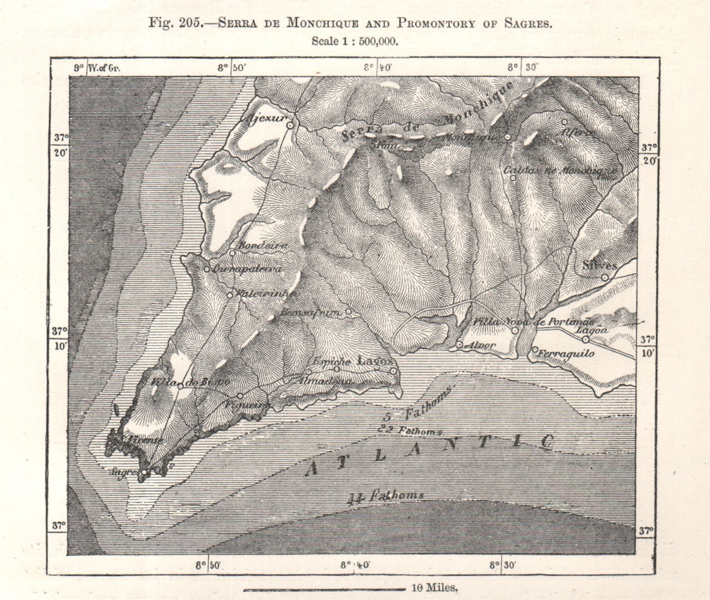 Serra de Monchique & Sagres Promontory. Lagos Algarve Portugal. Sketch map 1885